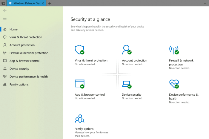 Windows Defender Security Center Aktualisieren des fließenden Designs