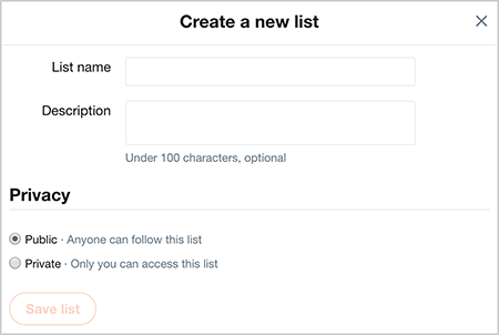 Dies ist ein Screenshot des Dialogfelds "Neue Liste erstellen" in Twitter. Oben befinden sich zwei Textfelder zum Ausfüllen eines Listennamens und einer Beschreibung. Im Bereich Datenschutz befinden sich zwei Optionsfelder: Öffentlich und Privat. Unter den Datenschutzoptionen wird die Schaltfläche Liste speichern angezeigt.