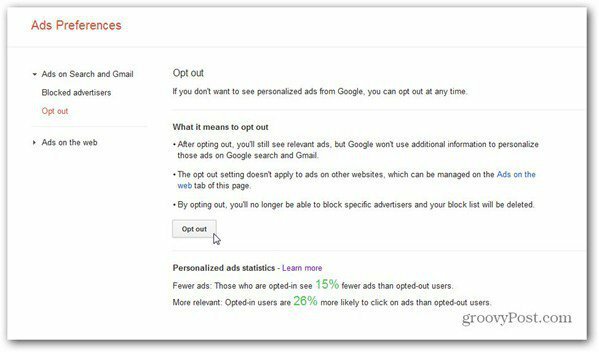 Der Manager für Google-Anzeigeneinstellungen deaktiviert die Suche in Google Mail