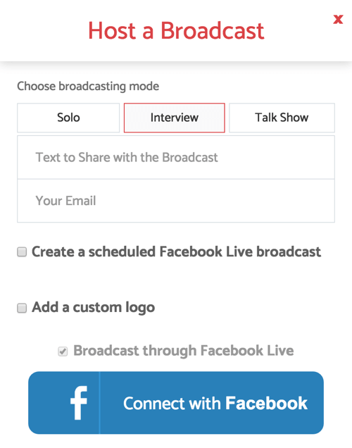 Wenn Sie BeLive für eine Live-Interview-Show einrichten, wählen Sie den Interview-Übertragungsmodus.