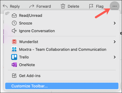Weitere Elemente anzeigen, Symbolleiste in Outlook auf dem Mac anpassen