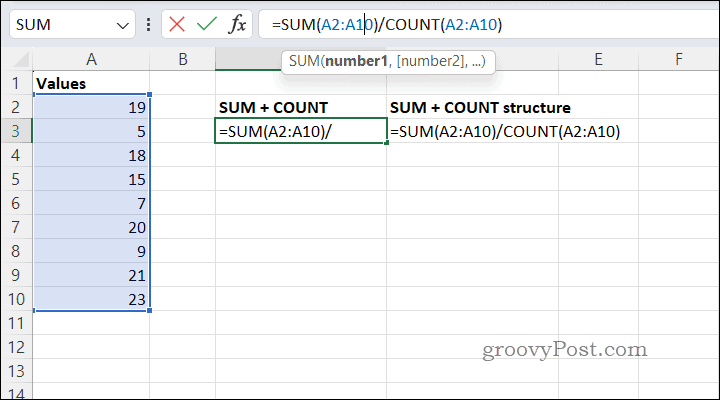 Berechnen von Durchschnittswerten mit SUMCOUNT in Excel