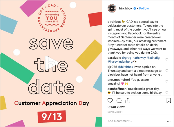 Der Instagram-Account von Birchbox behandelte die Follower mit Deals, Werbegeschenken und Überraschungen anlässlich des Customer Appreciation Day.
