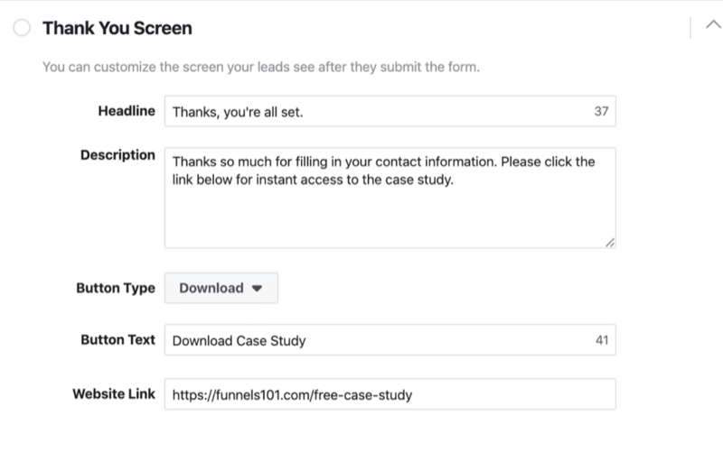 Vielen Dank Bildschirm Abschnitt des Facebook Lead Form Setup-Prozesses