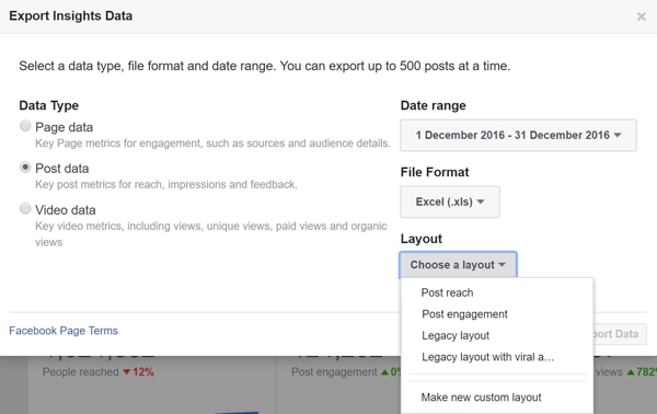 Wählen Sie beim Exportieren Ihrer Facebook Post Data Insights ein Layout.