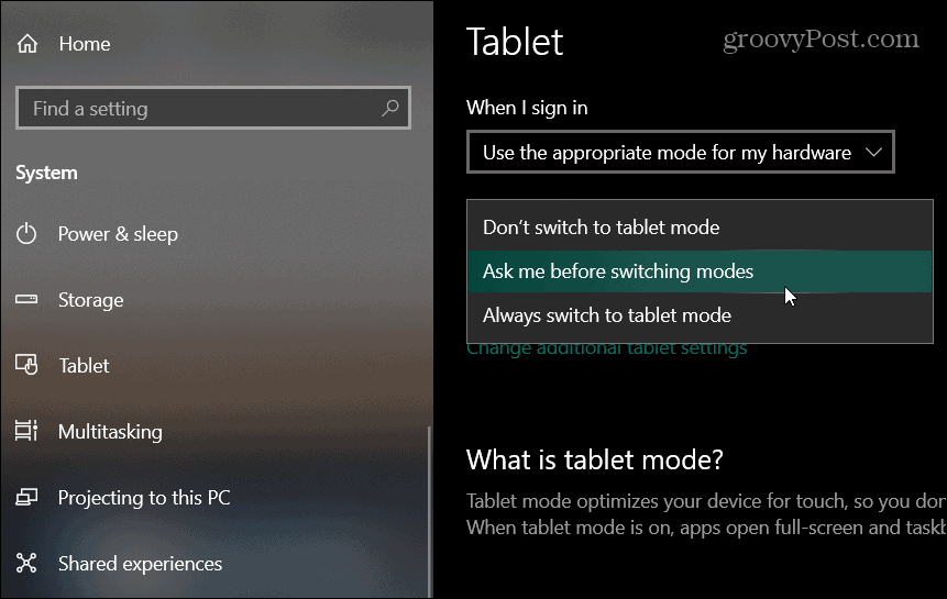 Tablet-Einstellungen Windows 10
