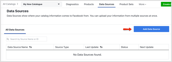 Schaltfläche Datenquelle hinzufügen auf der Registerkarte Datenquellen im Facebook Catalog Manager