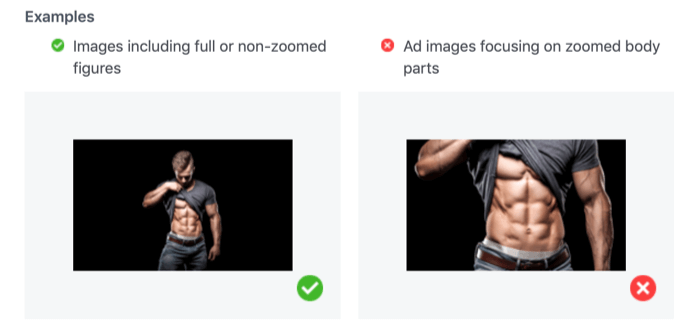 akzeptable und inakzeptable Fotos, die vergrößerte Körperteile für Facebook-Anzeigen zeigen