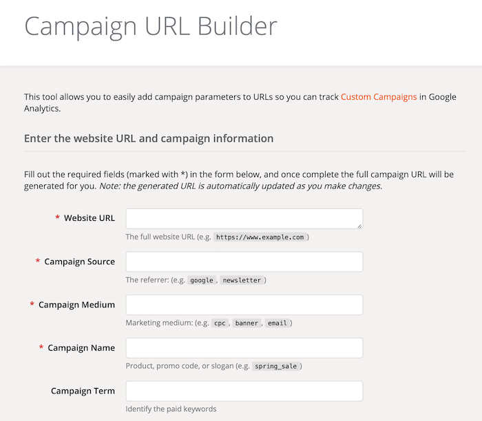Formularfelder für den URL-Generator von Google Analytics Campaign