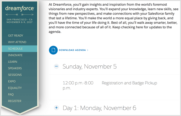 Zeitplan für die Dreamforce-Event-Website