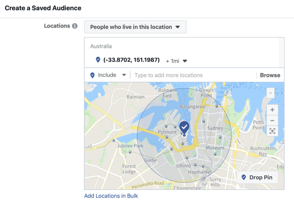So bewerben Sie Ihr Live-Event auf Facebook, Schritt 5, Option zum Erstellen eines gespeicherten Publikums basierend auf dem Veranstaltungsort