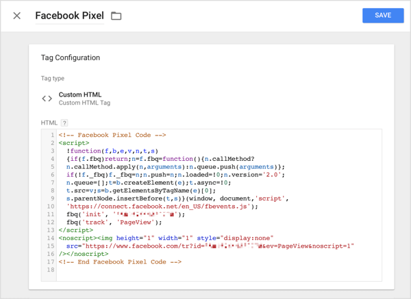 Klicken Sie im Google Tag Manager auf die Option Benutzerdefiniertes HTML und fügen Sie den von Facebook kopierten Tracking-Code in das HTML-Feld ein.