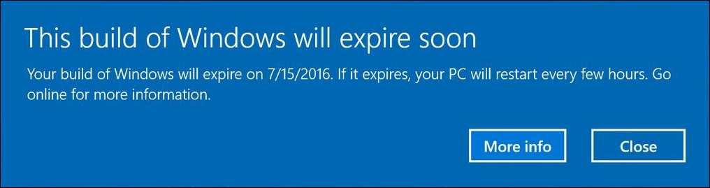 Windows 10 Insider Preview erstellt Warnmeldungen für Benutzer mit Ablaufbenachrichtigungen