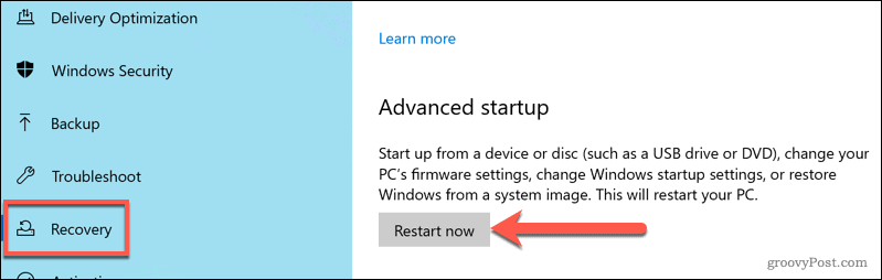 Neustart im Windows Advanced Startup-Optionsmenü