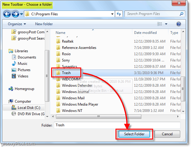 Anheften eines voll funktionsfähigen Papierkorbs an die Windows 7-Taskleiste
