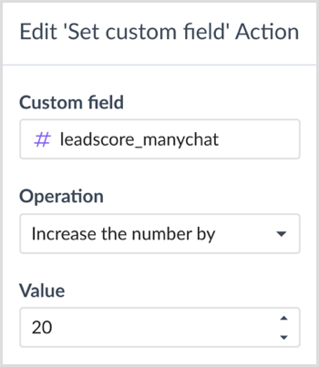 Wählen Sie im Aktionsdialogfeld "Benutzerdefiniertes Feld bearbeiten" in ManyChat eine Operation und einen Wert aus.