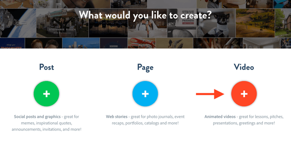 Klicken Sie auf Video, um ein neues Videoprojekt in Adobe Spark zu erstellen.