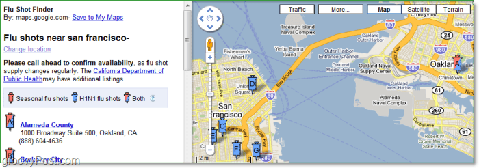 eine Vorschau des Google Grippeimpfers, der nach Kliniken in San Francisco sucht