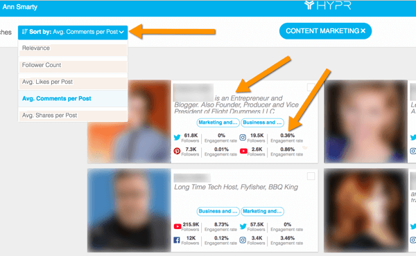 Beispiel für Hypr Influencer Search Sort und Statistik