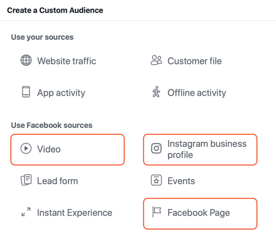 So erstellen Sie Facebook-Reach-Anzeigen, Beispiel für Quellen für das Engagement von benutzerdefinierten Zielgruppen für Anzeigen