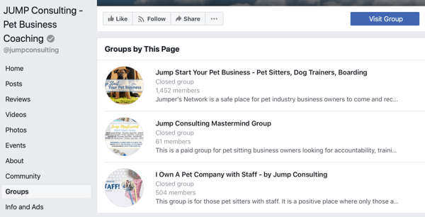 Verwendung von Facebook-Gruppenfunktionen, Beispiel für Gruppen auf der Facebook-Seite, JUMP Consulting