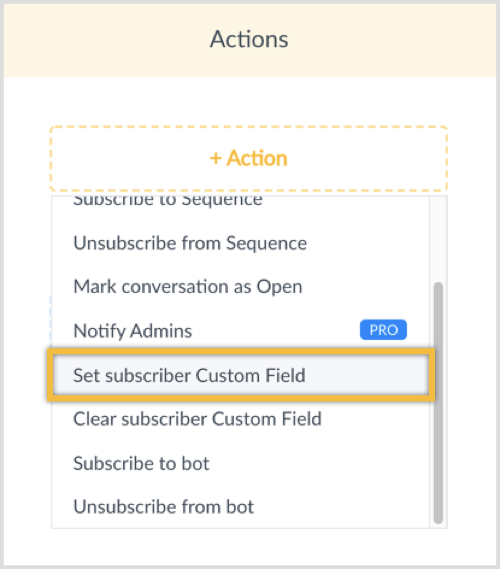 Klicken Sie auf die Schaltfläche + Aktion und wählen Sie Benutzerdefiniertes Feld für Abonnenten festlegen.