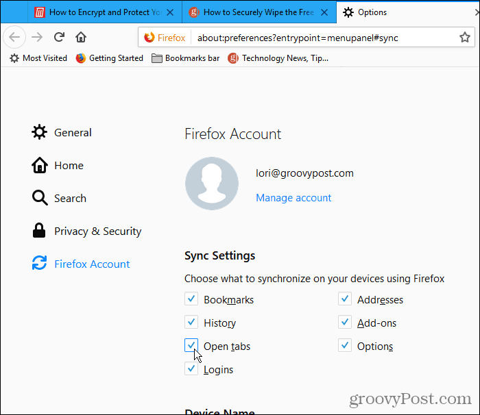 Aktivieren Sie unter "Synchronisierungseinstellungen" in Firefox für Windows die Option "Registerkarten öffnen"