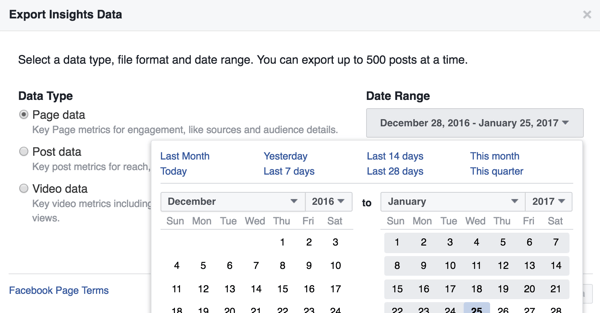 Sie können den Datumsbereich für die von Ihnen heruntergeladenen Facebook Insights-Daten ändern.
