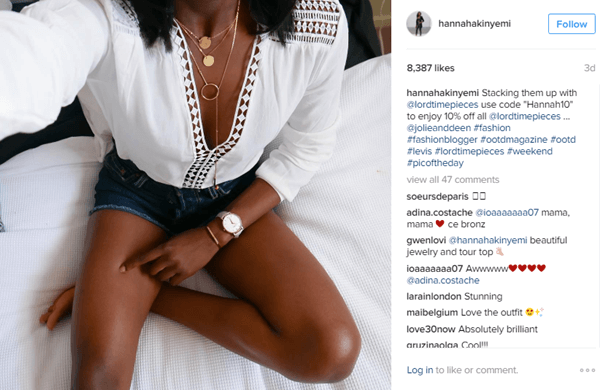 Model Hannah Akinyemi bietet eine Uhr von Lord Timepieces sowie einen Rabattcode auf Instagram.