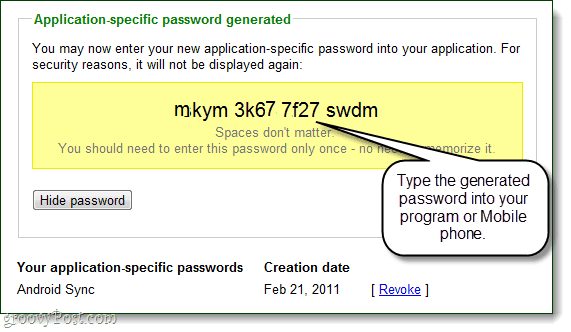 ein anwendungsspezifisches Passwort, das von Google für Ihr Konto generiert wurde