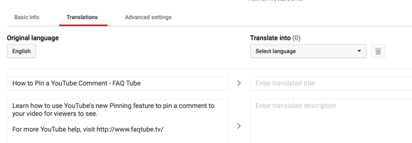 Geben Sie auf der Registerkarte "Übersetzungen" für Ihr YouTube-Video einen übersetzten Titel und eine Beschreibung ein.