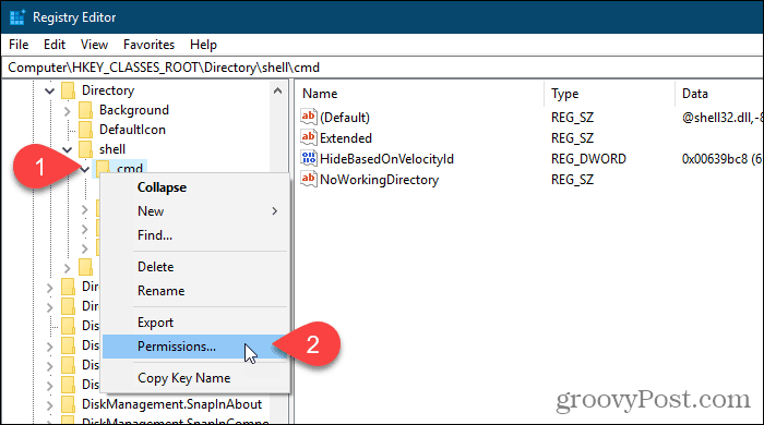 Klicken Sie mit der rechten Maustaste auf einen Registrierungsschlüssel und wählen Sie im Windows-Registrierungseditor Berechtigungen aus