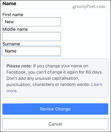 Bearbeiten eines Namens in der mobilen Facebook-App