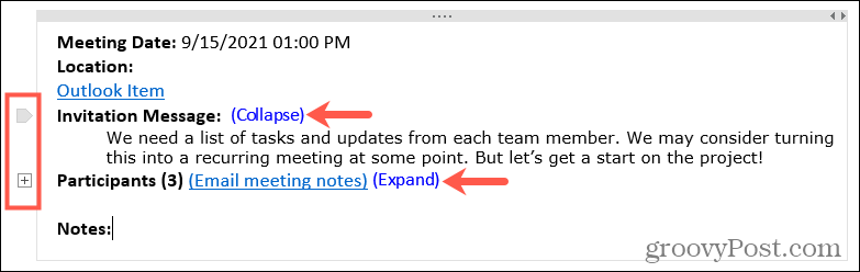 Erweitern oder Reduzieren von Besprechungsdetails in OneNote