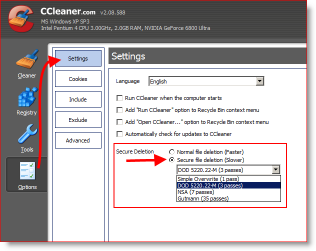 Konfigurieren Sie CCleaner so, dass Dateien dreimal sicher gelöscht und gelöscht werden, oder DOD 5220.22-M
