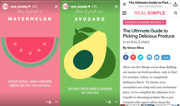 RealSimple erstellte eine Instagram-Story basierend auf einem Blog-Beitrag über die Auswahl von Produkten. Am Ende der Geschichte konnten die Zuschauer nach oben wischen, um den Originalbeitrag zu lesen.