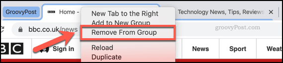 Entfernen einer Registerkarte aus einer Chrome-Registerkartengruppe