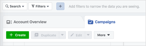 Klicken Sie auf die Schaltfläche Erstellen, um eine neue Facebook-Kampagne zu starten.