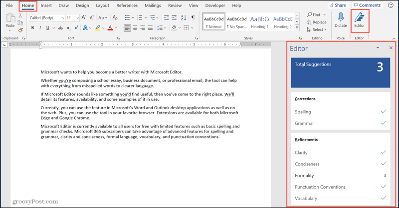 Microsoft Editor-Schaltfläche und Seitenleiste im Word-Desktop