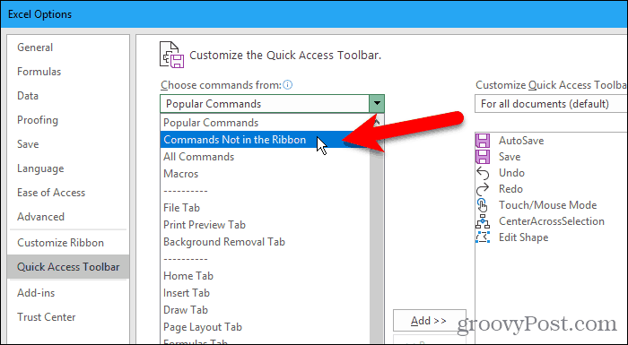 Wählen Sie im Dialogfeld Excel-Optionen die Option Befehle nicht in der Multifunktionsleiste aus