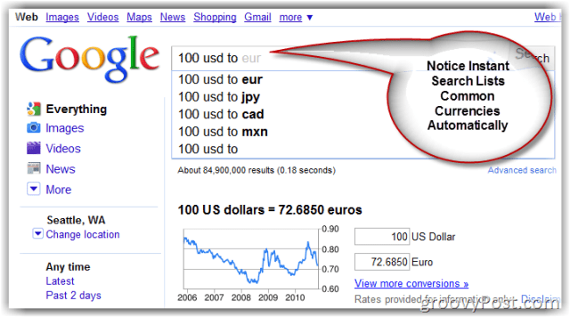 Google.com Suchseite Währungsumrechner
