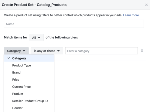 Verwenden Sie das Facebook Event Setup Tool, Schritt 28, Facebook-Menüoption, um Filter anzuwenden, auf die Produkte Kunden angezeigt werden