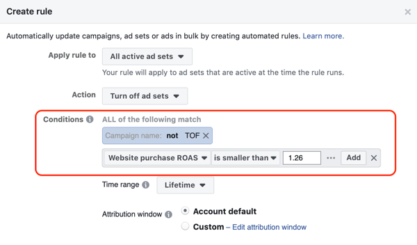 Verwenden Sie automatisierte Facebook-Regeln und stoppen Sie die Anzeigeneinstellung, wenn der ROAS unter das Minimum fällt. Schritt 3, Bedingungseinstellungen