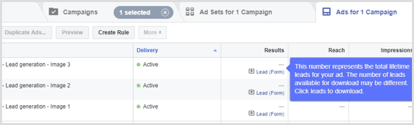 Facebook Lead Ad Ergebnisse