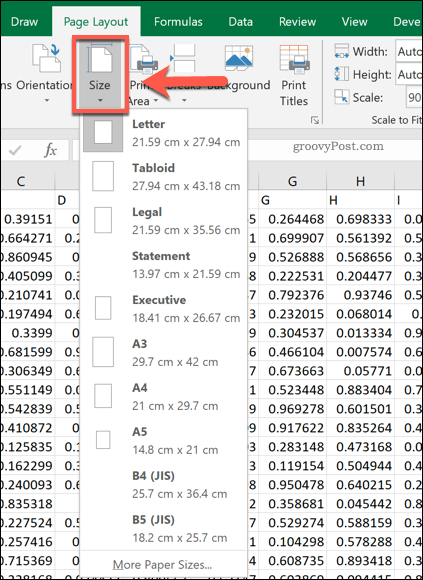 Optionen für die Excel-Seitengröße