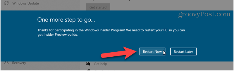 Starten Sie neu, um die Registrierung für Windows Insider-Builds abzuschließen