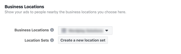 Option zum Erstellen eines neuen Standortsatzes für Ihre Facebook-Geschäftsanzeige.