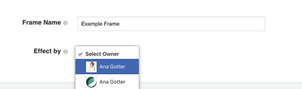 Wählen Sie Ihre Facebook-Unternehmensseite als Eigentümer des Frames, wenn diese für Ihre Marke wirbt.
