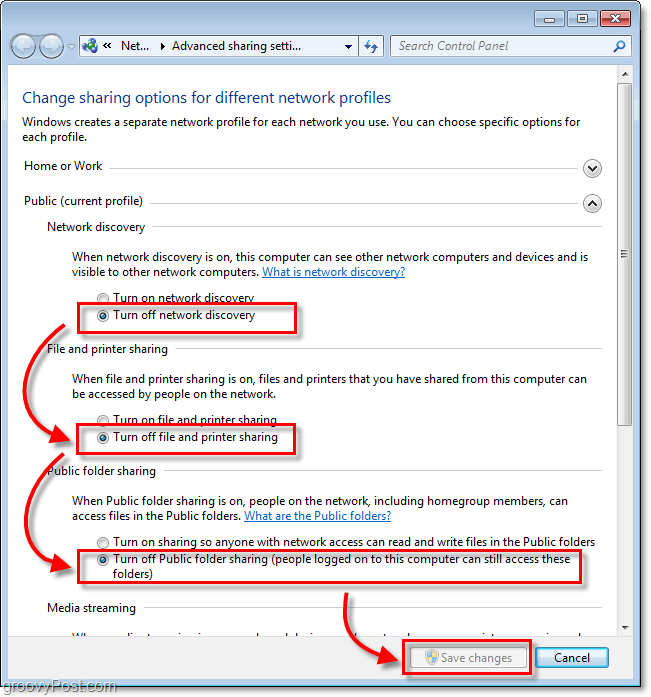 Deaktivieren der Dateifreigabe und der Netzwerkerkennung in Windows 7