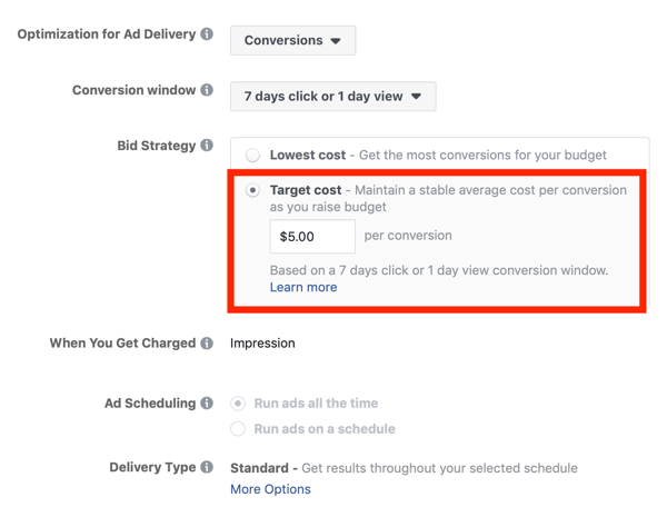 Tipps zur Senkung Ihrer Facebook-Werbekosten, Option zum Festlegen der Gebotsstrategie auf die Zielkosten